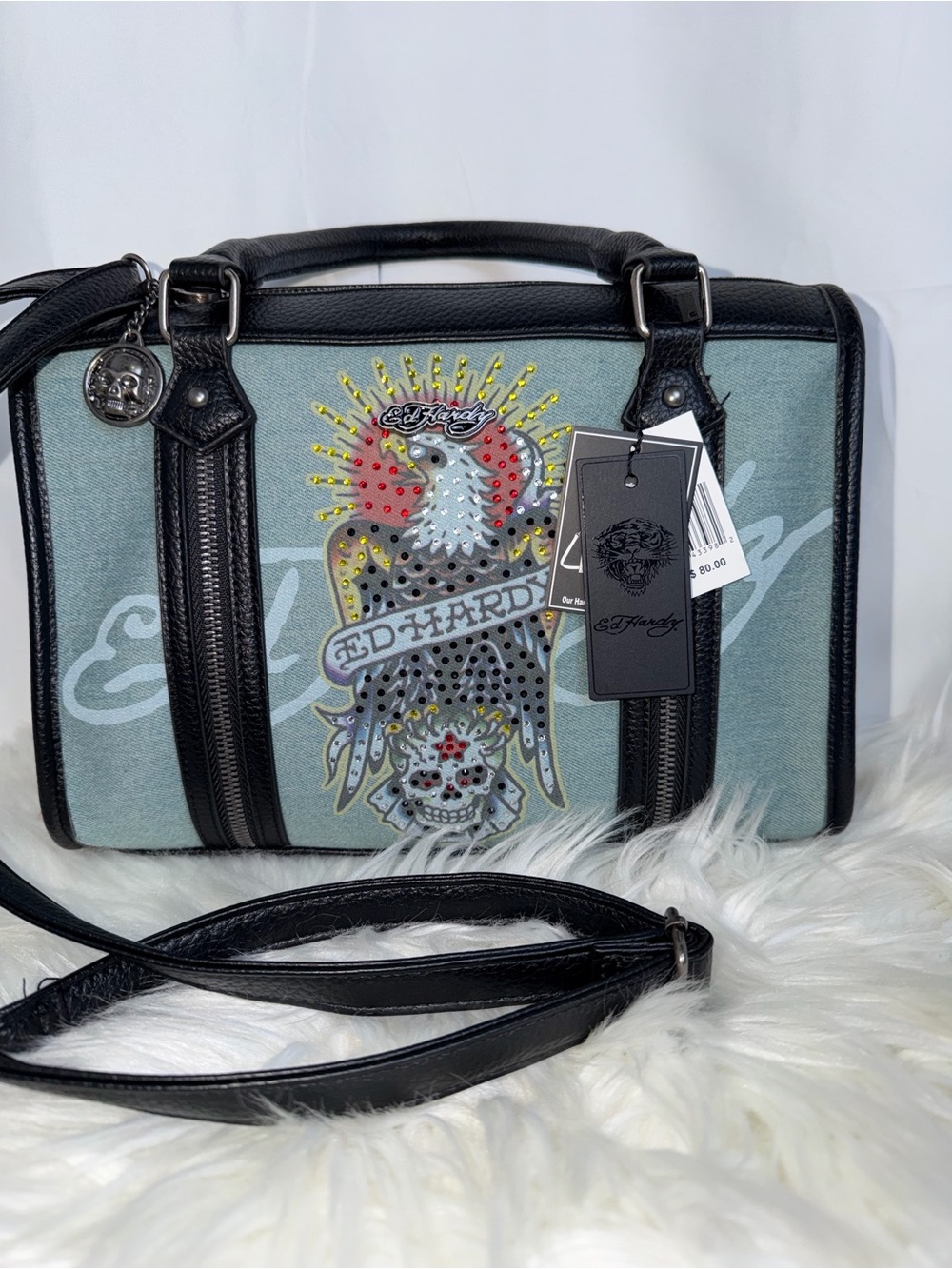 Ed Hardy Light Blue Graphic Crossbody with Black Trim